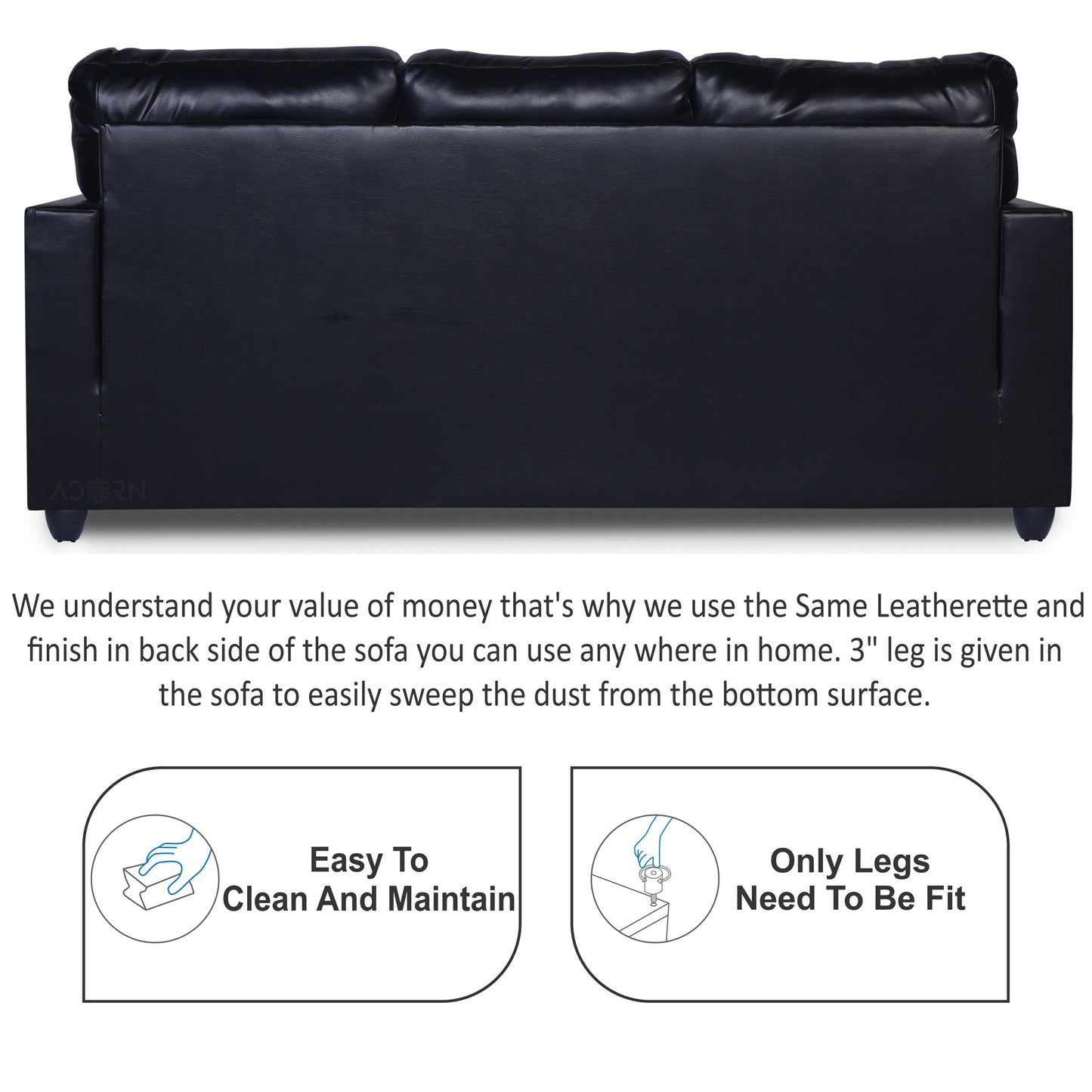 Adorn India Astor Leatherette 3-Person Sofa (Black) (3 Year Warranty)