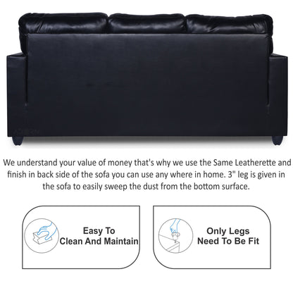 Adorn India Astor Leatherette 3-Person Sofa (Black) (3 Year Warranty)