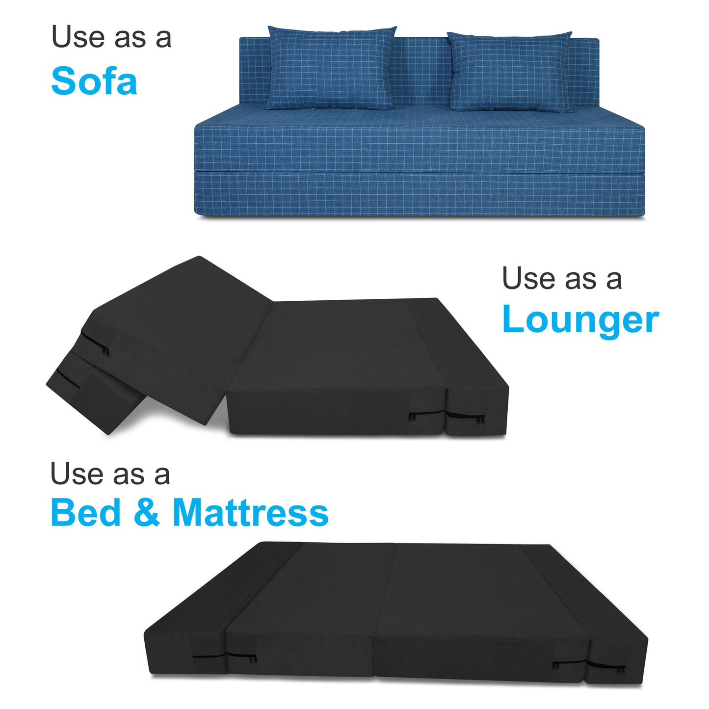 Adorn India Easy Three Seater Sofa Cum Bed Checks Design 6' x 6' (Blue)