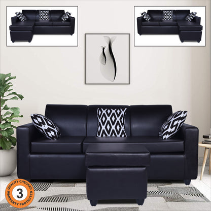 Adorn India Monteno Leatherette Modular 4 Seater Sofa Set (Black) (3 Year Warranty)