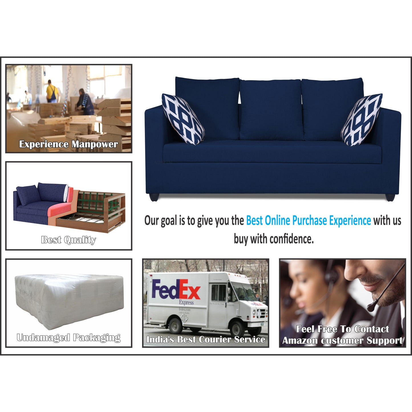 Adorn India Zink Straight Line 3-1-1 5 Seater Sofa Set (Blue)