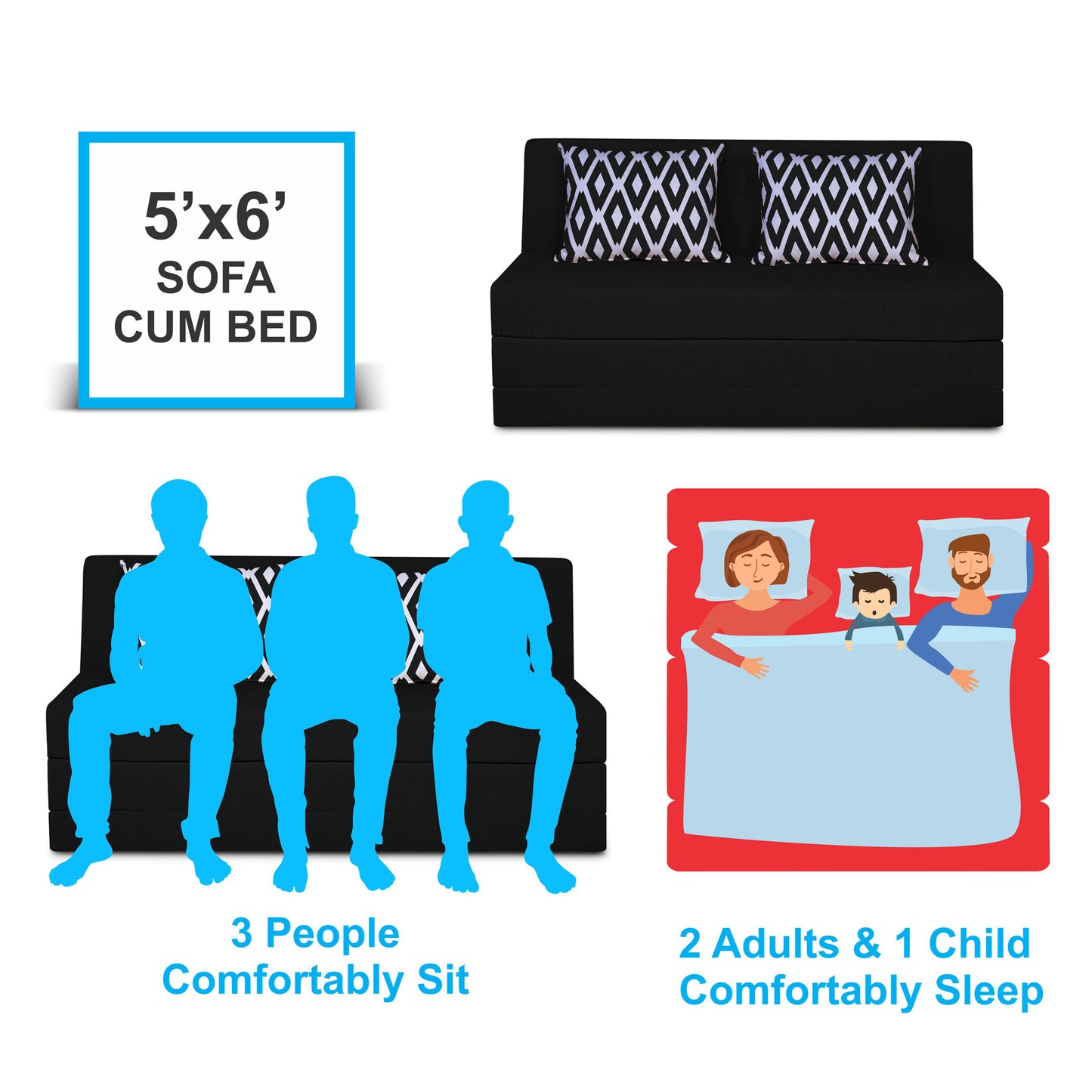 Adorn India Easy Highback Three Seater Sofa Cum Bed Rhombus 5' x 6' (Black) (1 Year Warranty)