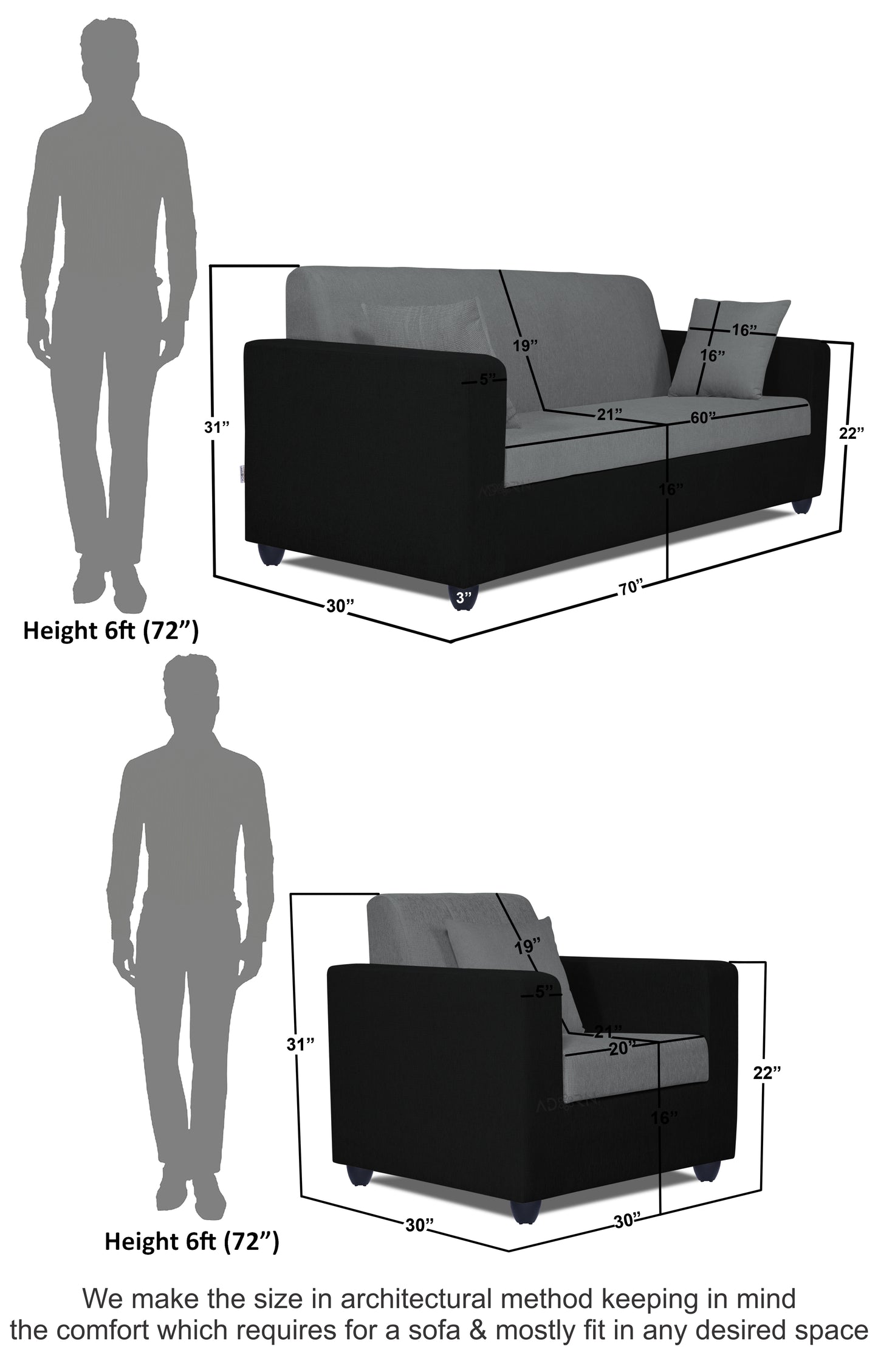 Adorn India Rio Decent 3-1-1 5 Seater Sofa Set (Grey & Black) (3 Year Warranty)