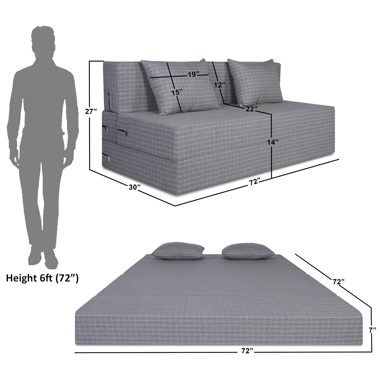 Adorn India Easy Three Seater Sofa Cum Bed Checks Design 6' x 6' (Beige)