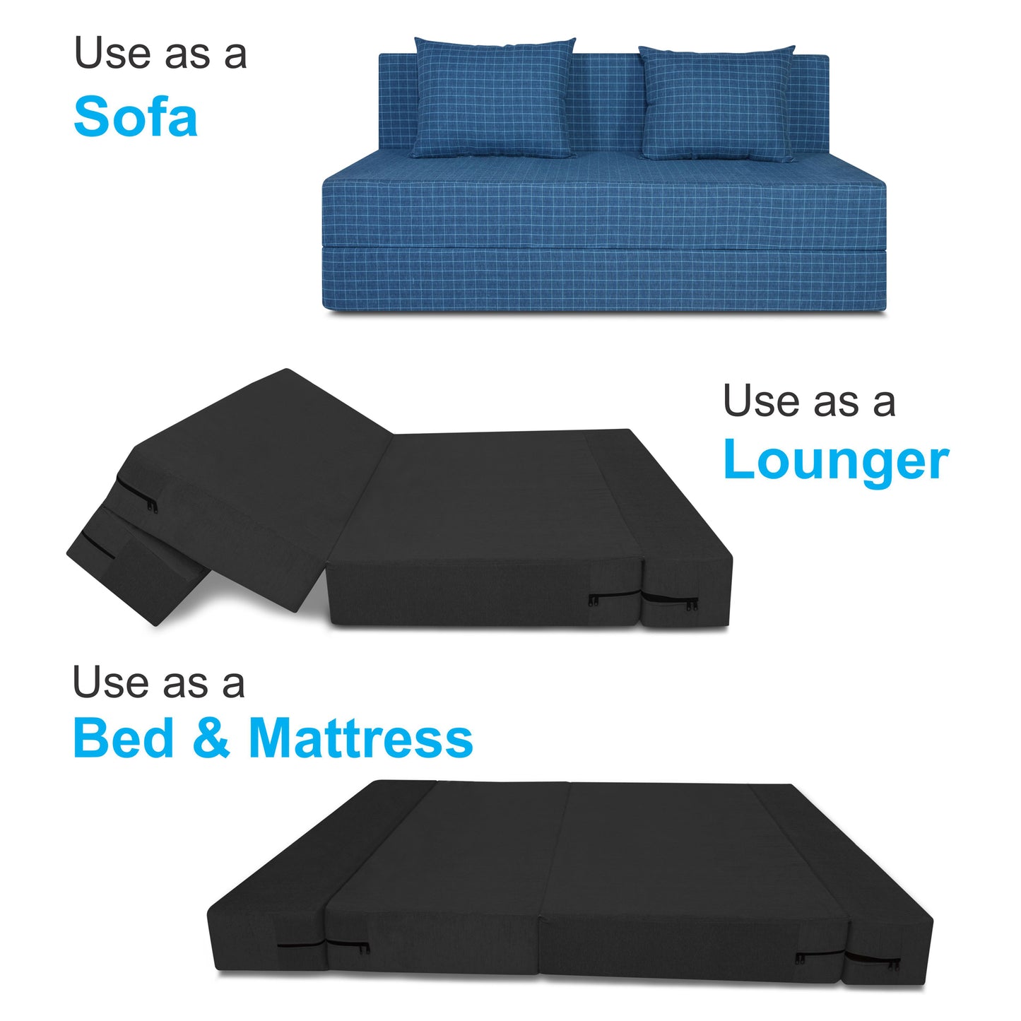 Adorn India Easy Three Seater Sofa Cum Bed Checks Design 5' x 6' (Blue)