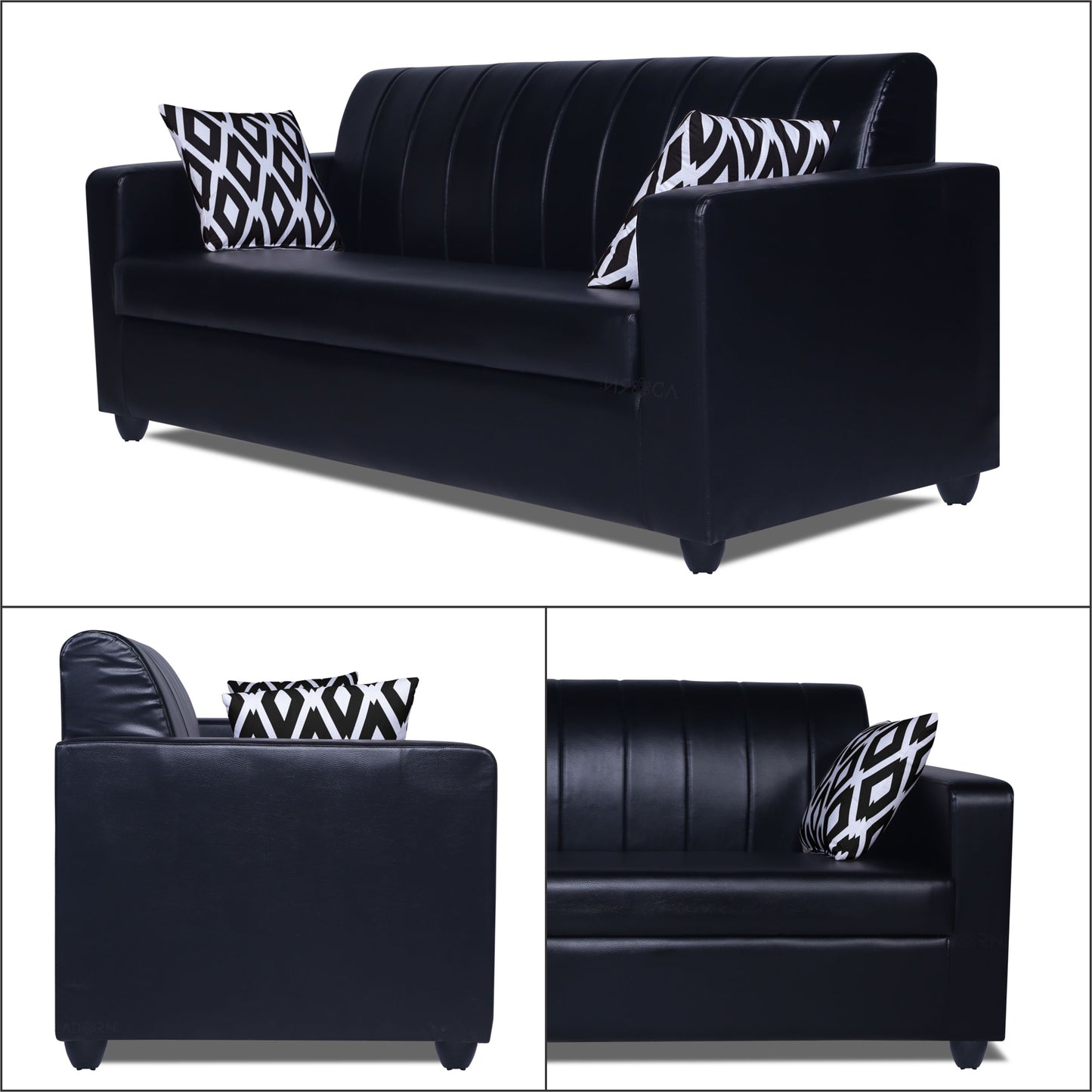 Adorn India Rio Highback Leatherette 3+1+1 5 Seater Sofa Set (Black) (3 Year Warranty)