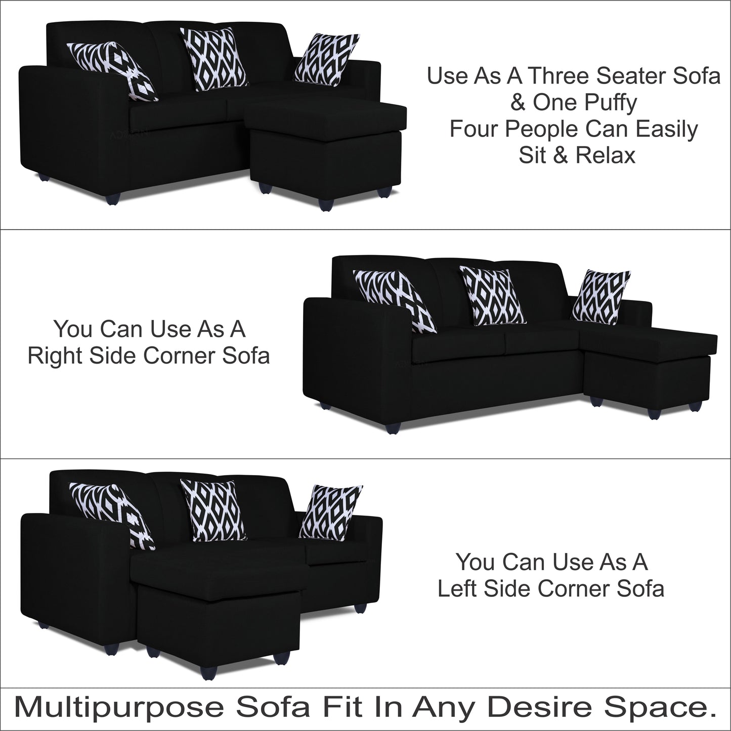 Adorn India Monteno Modular Sofa Set (Black)