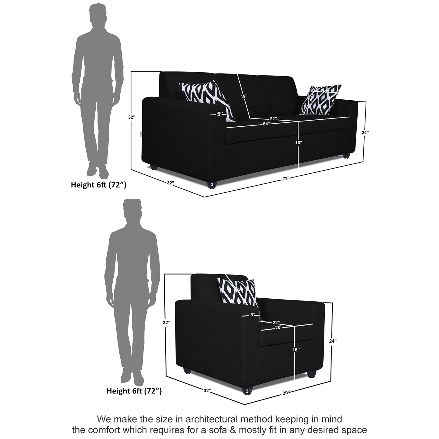 Adorn India Monteno 3-1-1 5 Seater Sofa Set (Black) (3 Year Warranty)