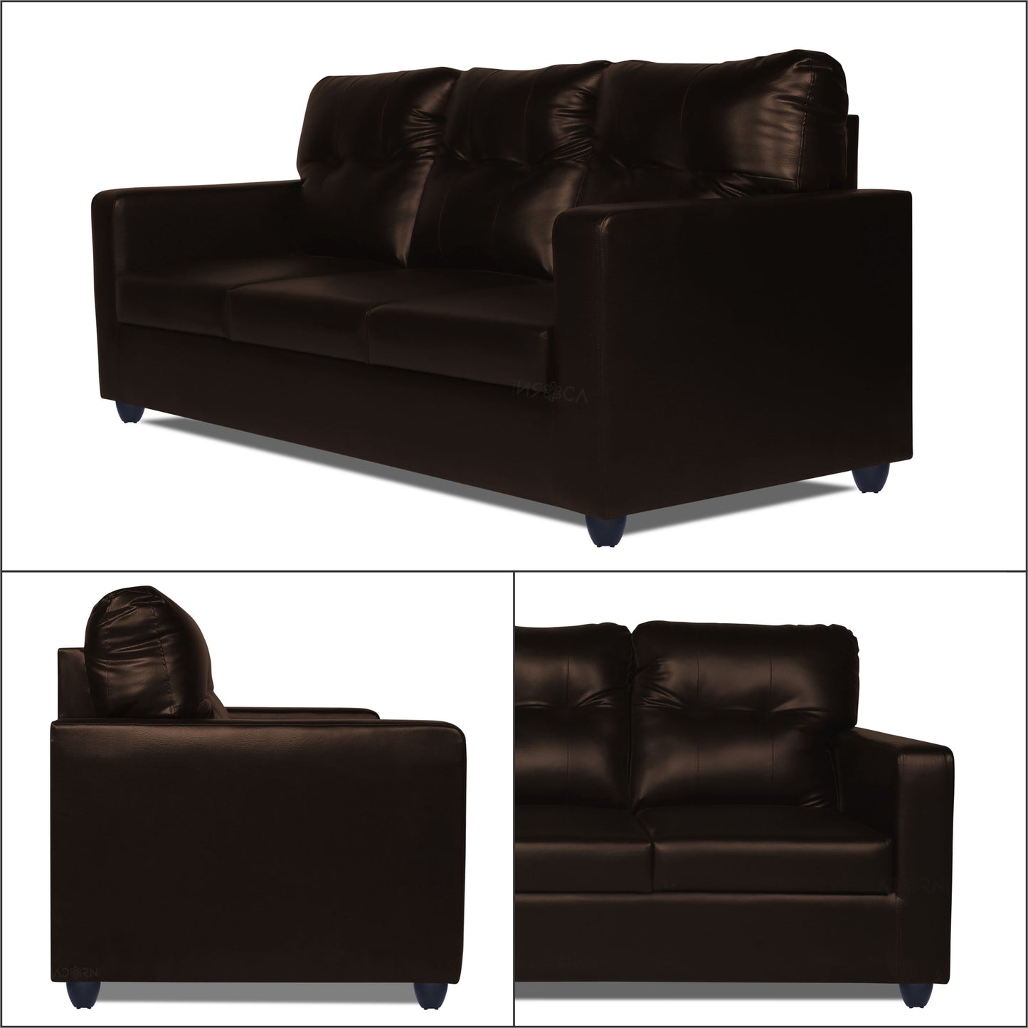 Adorn India Astor Leatherette 3 Seater Sofa (Brown) (3 Year Warranty)