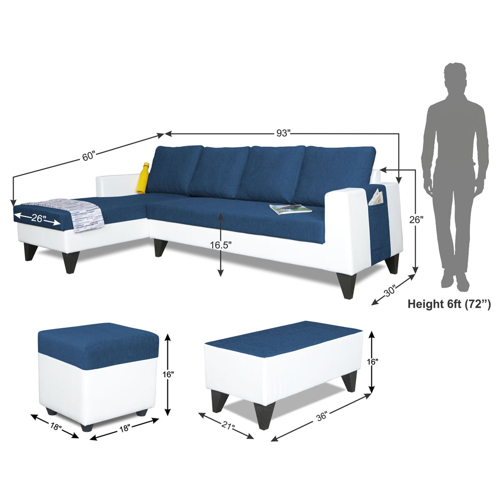 Adorn India Ashley Plain Leatherette Fabric L Shape 8 Seater Sofa Set with 2 Ottoman Puffy & Center Table LHS (Blue & White) (3 Year Warranty)