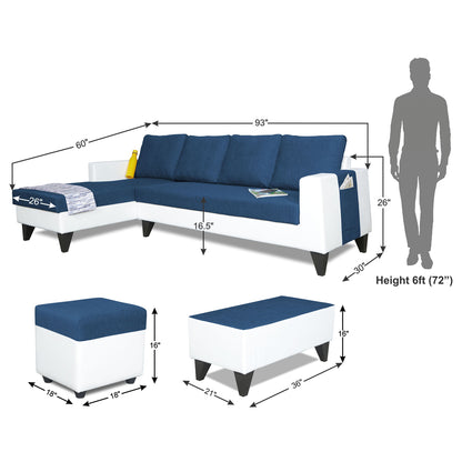 Adorn India Ashley Plain Leatherette Fabric L Shape 8 Seater Sofa Set with 2 Ottoman Puffy & Center Table LHS (Blue & White) (3 Year Warranty)
