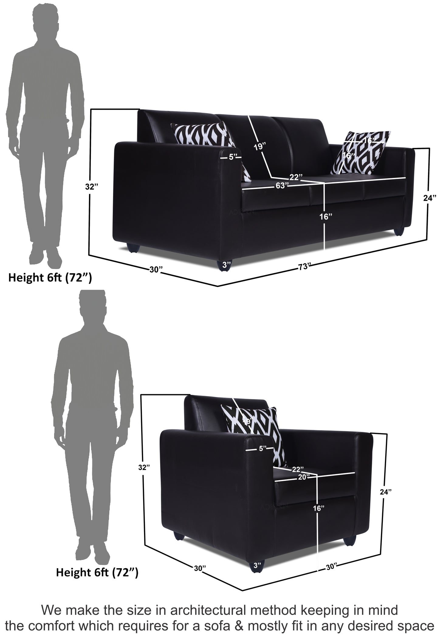 Adorn India Monteno Leatherette 3+1+1 5 Seater Sofa Set (Black) (3 Year Warranty)