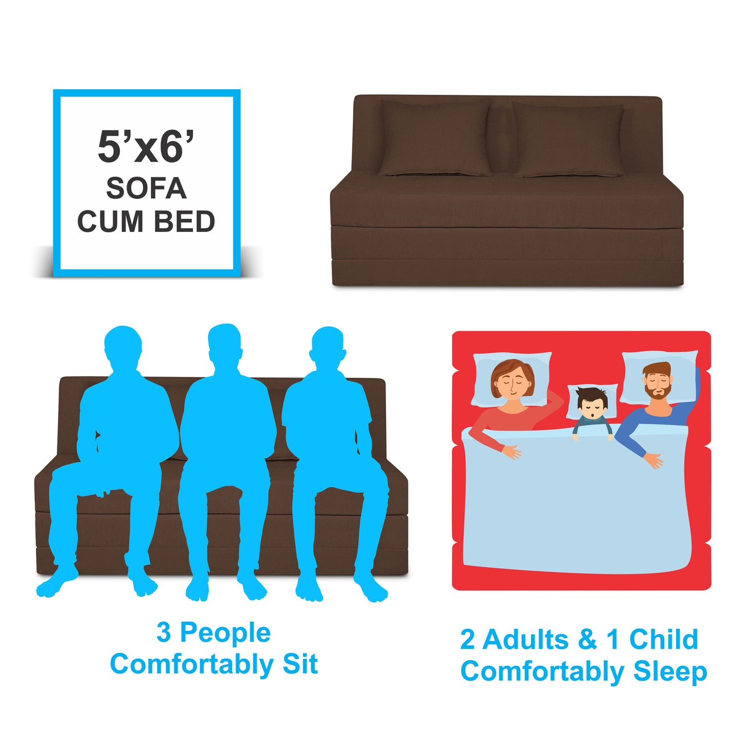 Adorn India Easy Highback Three Seater Sofa Cum Bed Decent 5' x 6' (Brown) (1 Year Warranty)