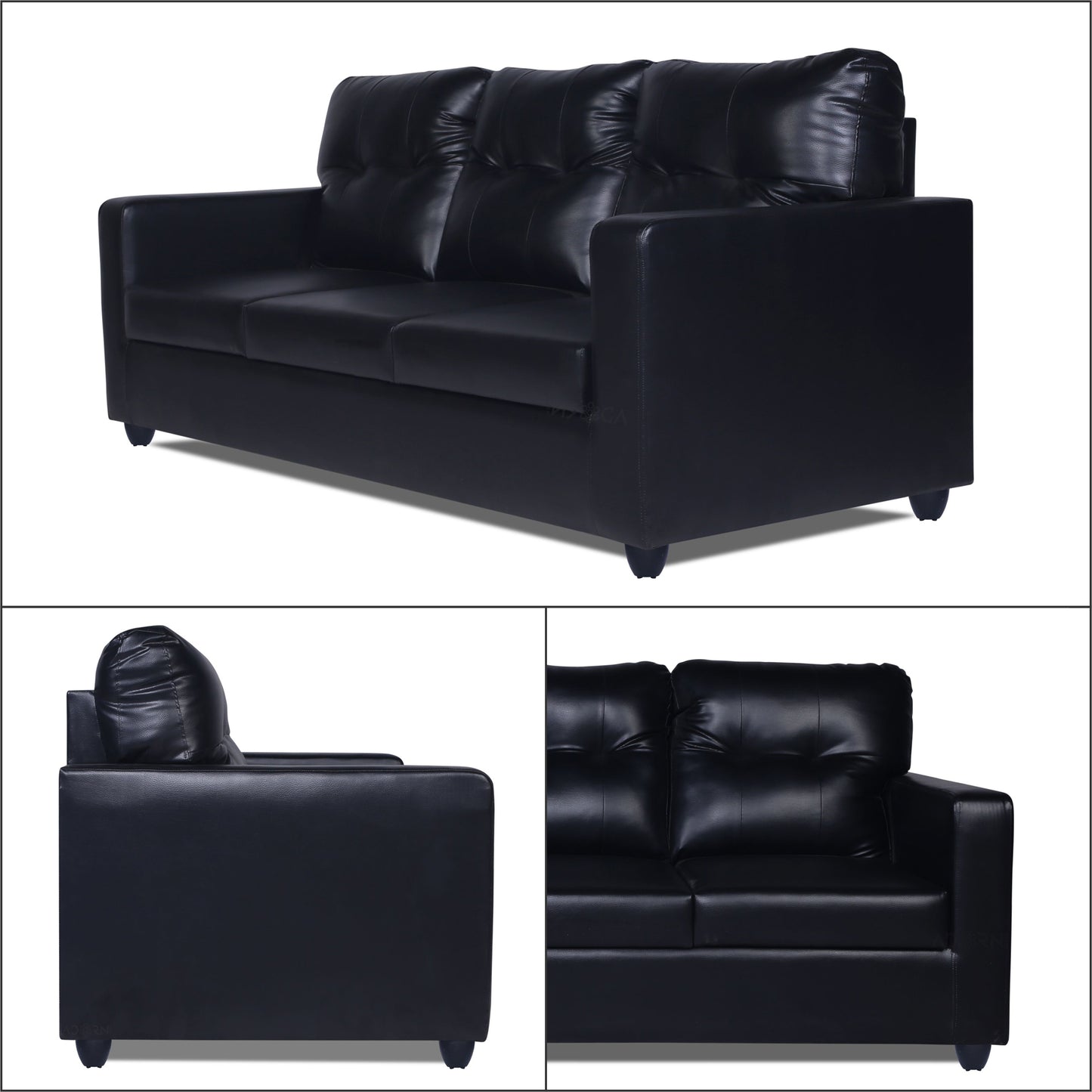 Adorn India Astor Leatherette 3-Person Sofa (Black) (3 Year Warranty)