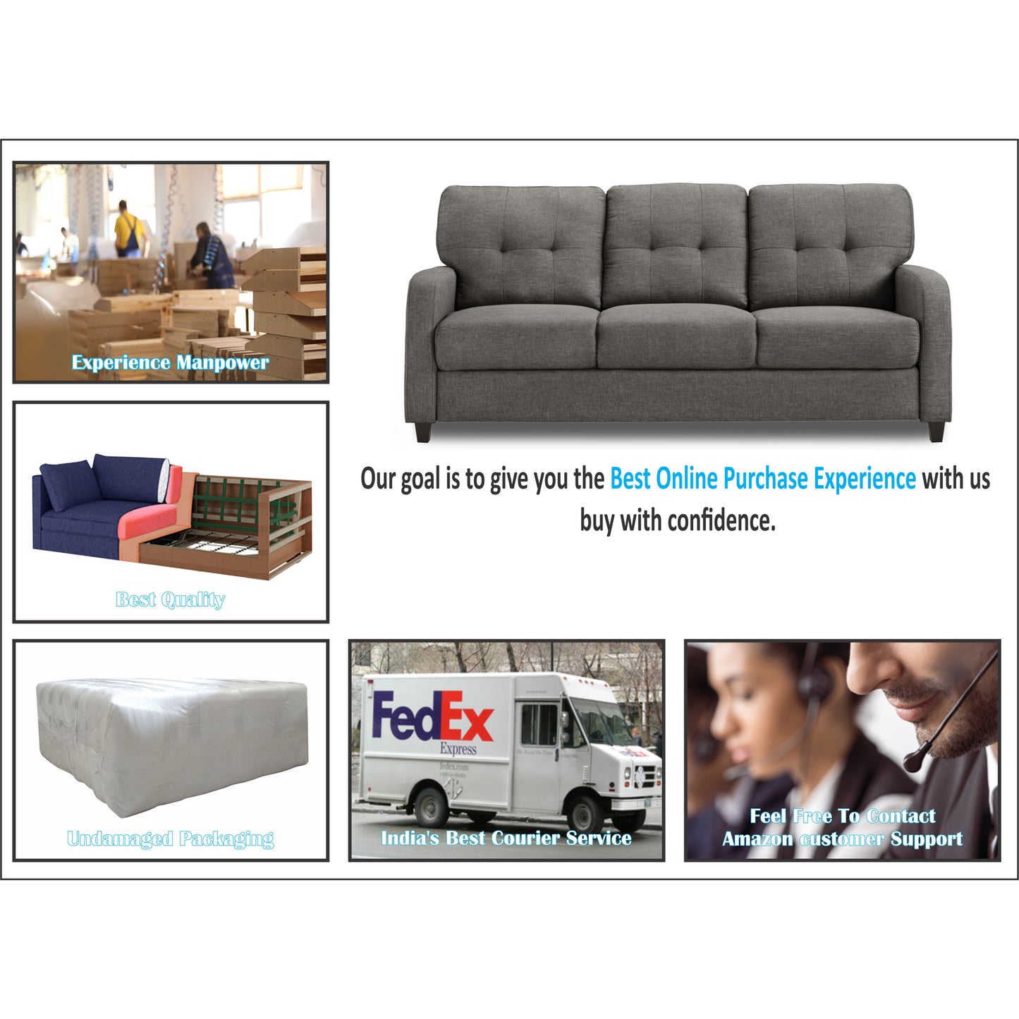 Adorn India Astor 3 Seater Sofa (Grey) (3 Year Warranty)