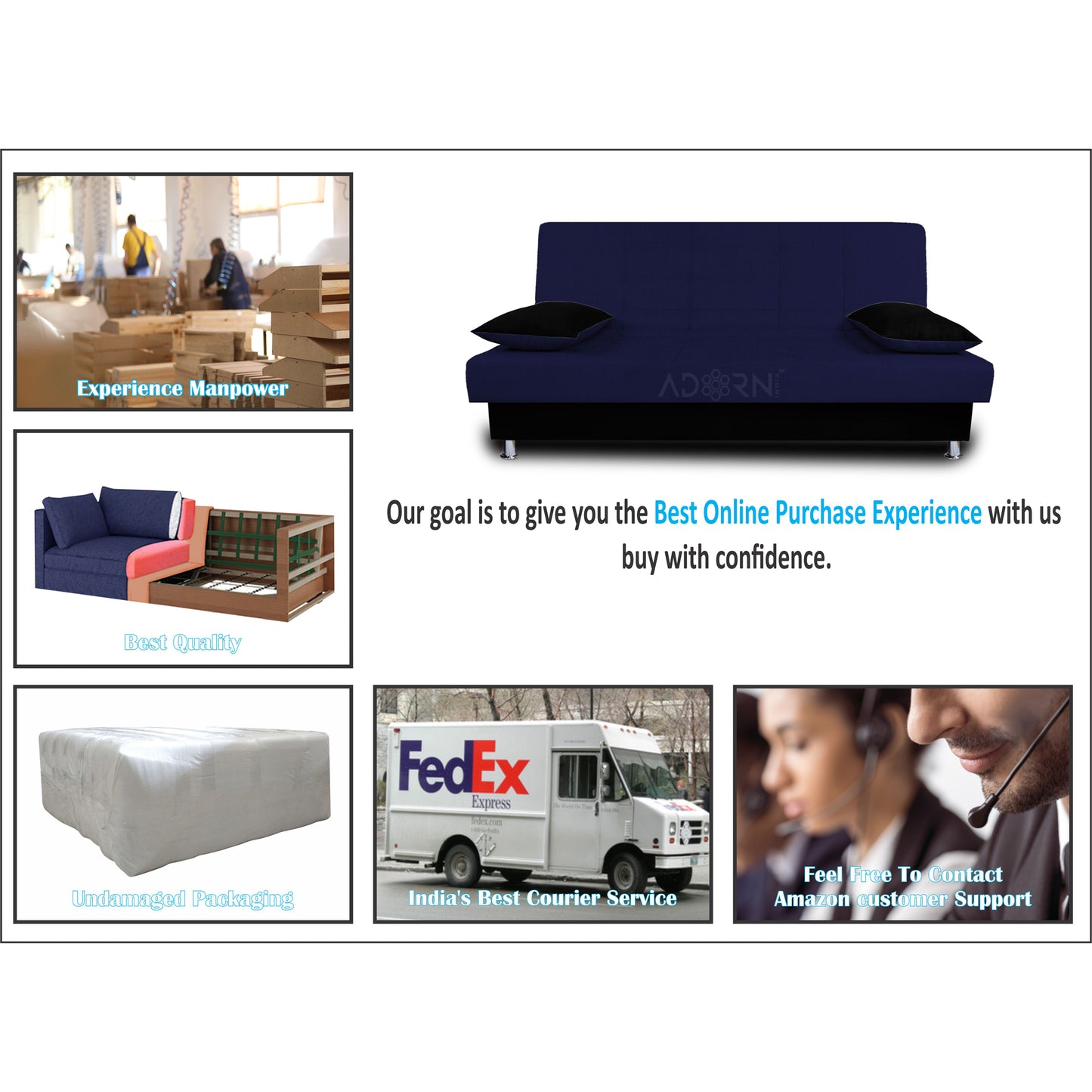 Adorn India Alyssum 3 Seater Sofa Cumbed (Navy Blue & Black)