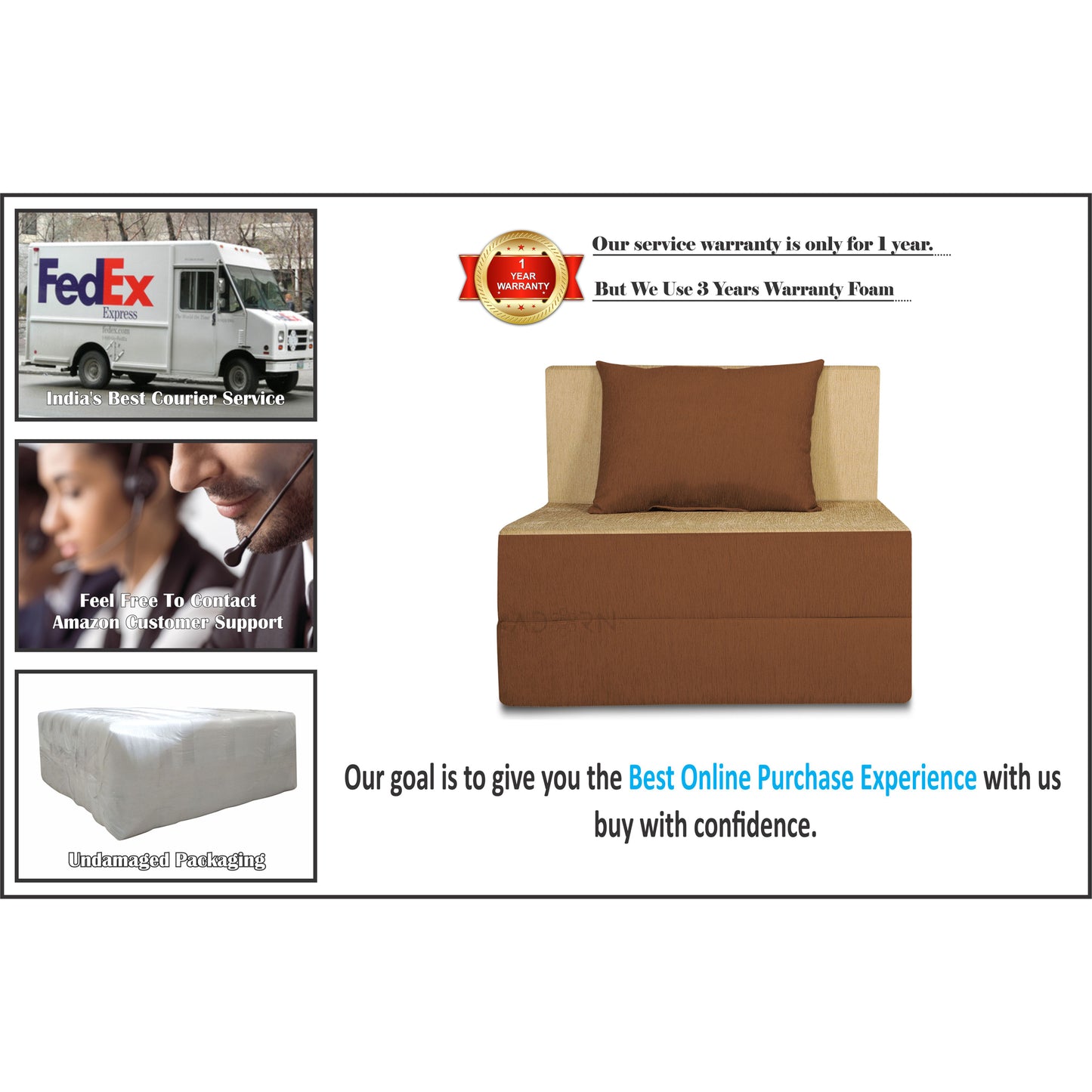 Adorn India Easy 2 Seater Sofa cumbed 3x6 (Brown & Beige) (1 Year Warranty)