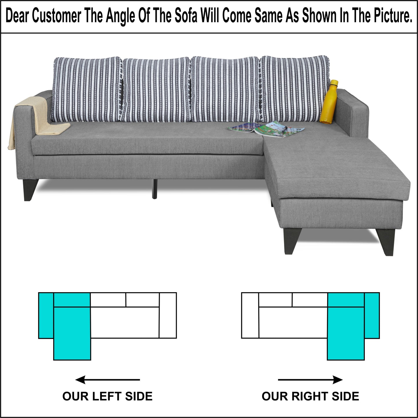 Adorn India Chandler Stripes L Shape 5 Seater Sofa Set RHS (Grey) (3 Year Warranty)