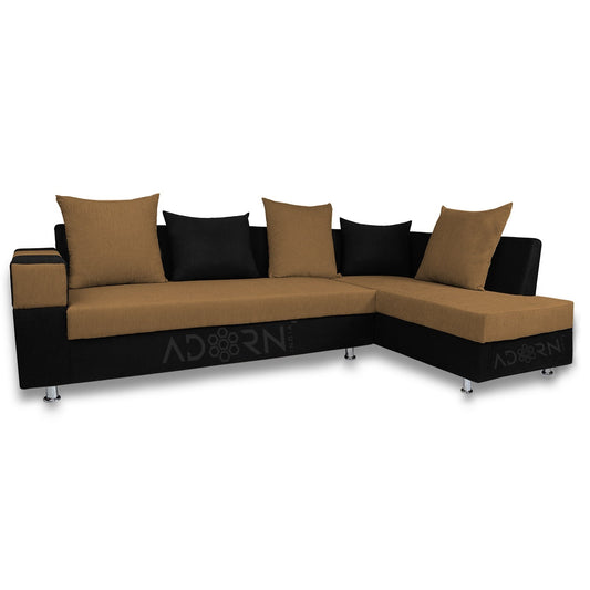 Adorn India Adillac 5 Seater Corner Sofa(Camel & Black), Wood, Foam