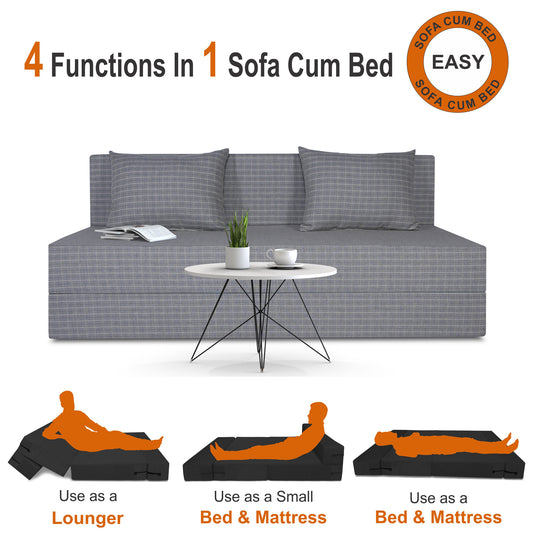 Adorn India Easy Three Seater Sofa Cum Bed Checks Design 5' x 6' (Beige)