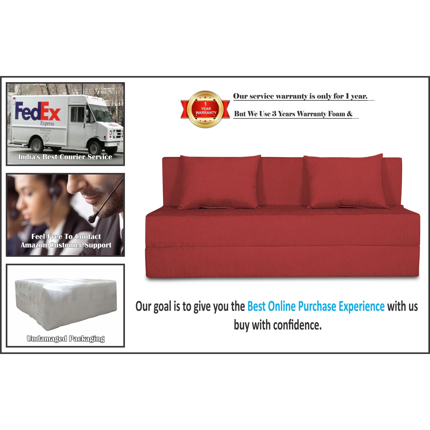 Adorn India Easy 3 Seater Sofa Cum Bed Alyn 5'x 6' (Maroon) (1 Year Warranty)