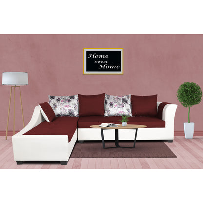 Adorn India Aliana L Shape Leatherette Fabric 6 Seater Sofa Set LHS (Maroon & White) (3 Year Warranty)