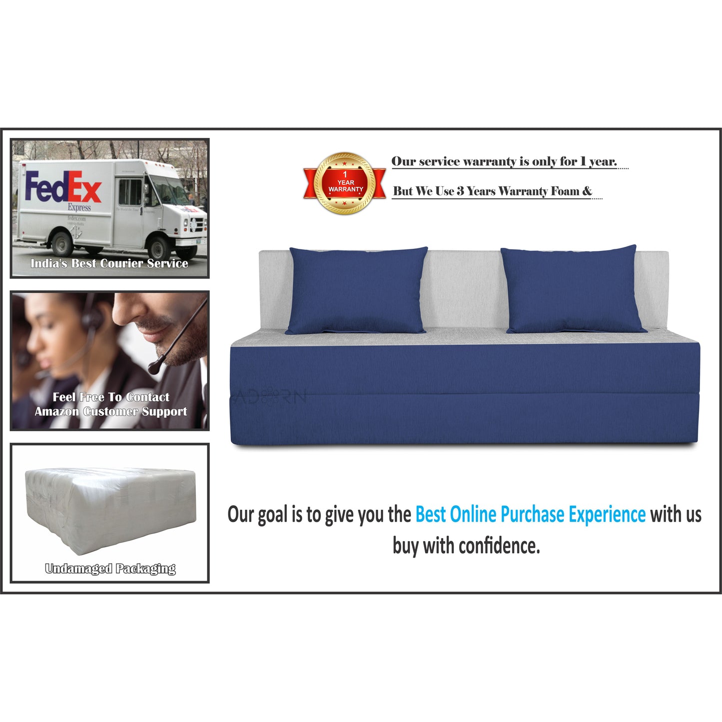 Adorn India Easy 3 Seater Sofa Cum Bed (Blue and Grey) (5x6) (1 Year Warranty)