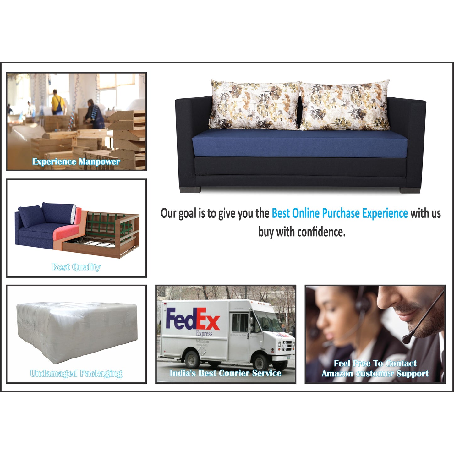 Adorn India Exclusive Two Tone Straight Line Three Seater Sofa Cum Bed (Blue & Black)