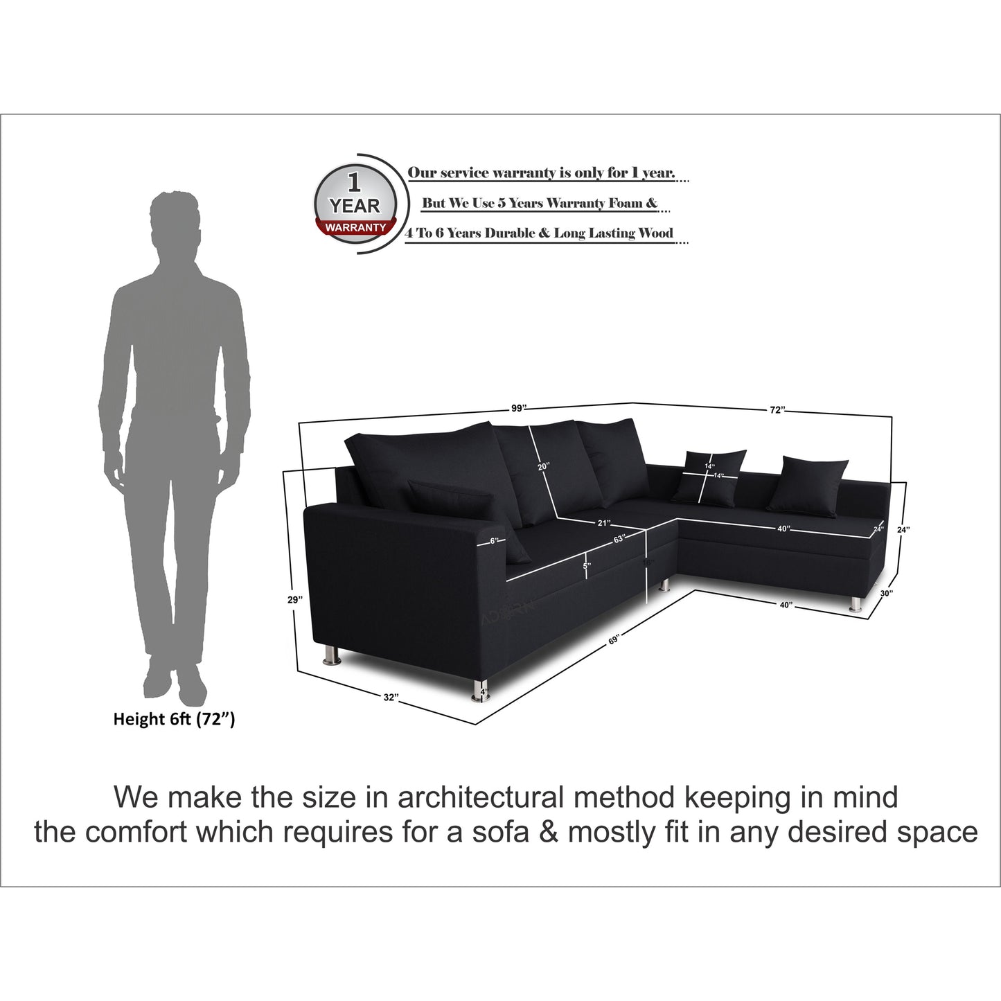 Adorn India Straight line L Shape Sofa (Black)