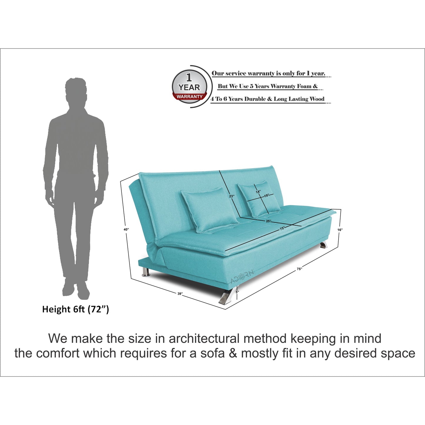 Adorn India Arden 4 Seater Sofa Cum Bed 4 x 6 (Aqua Blue) (3 Year Warranty)