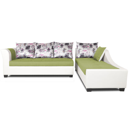 Adorn India Aliana L Shape Leatherette Fabric 6 Seater Sofa Set RHS (Green & White) (3 Year Warranty)