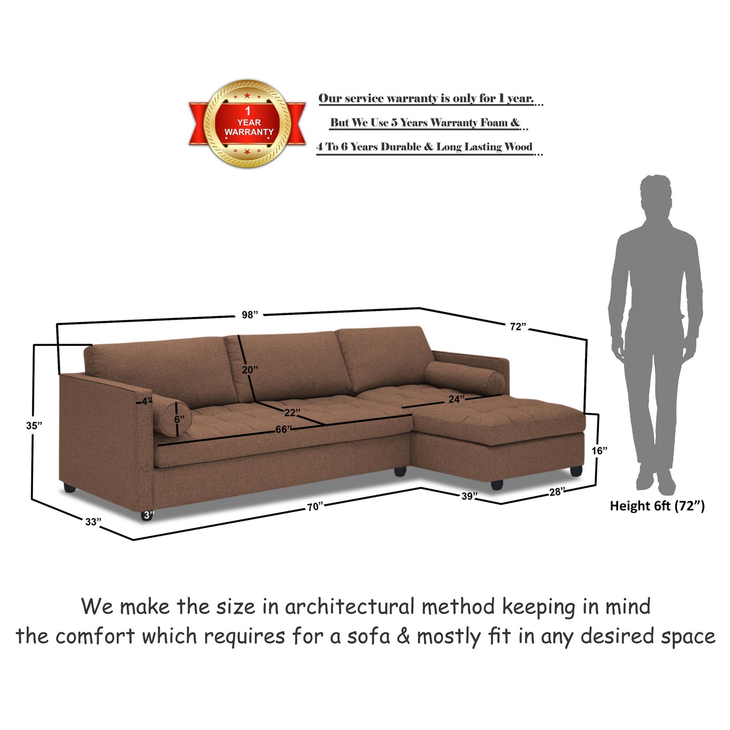 Adorn India Alexander L Shape 7 Seater Sofa Set with Ottoman Puffy RHS (Camel) (3 Year Warranty)