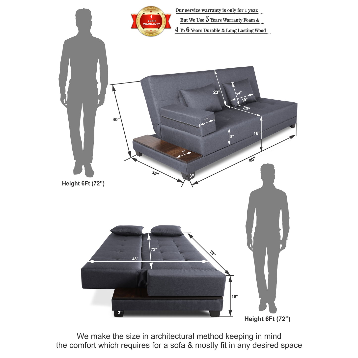 Adorn India Blake 3 Seater Sofa Cum Bed (Dark Grey), Wood, Foam