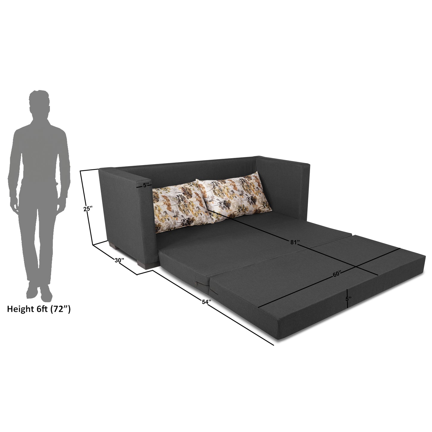 Adorn India Straight line 3 Seater Sofa Cum Bed (Dark Grey), Wood, Foam