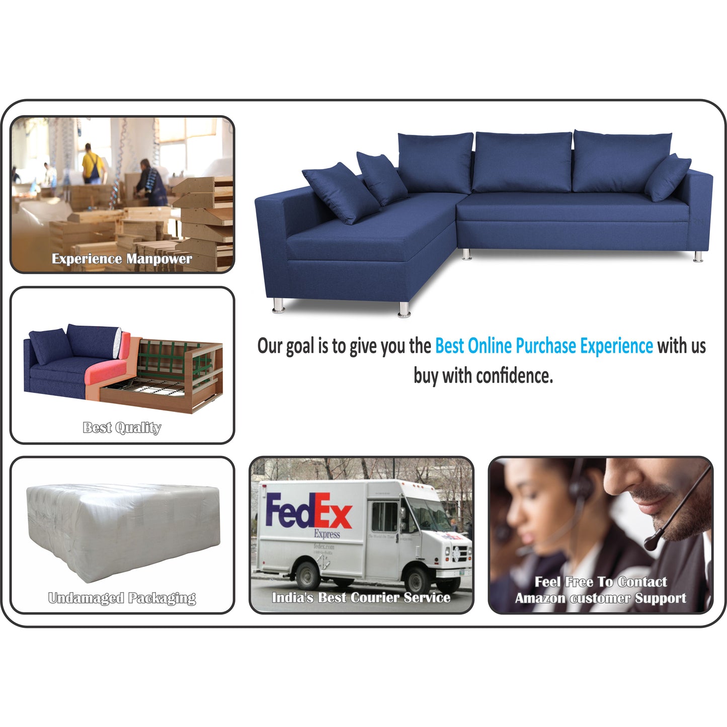 Adorn India Straight Line L Shape Sofa (Left Side Handle) (Blue)