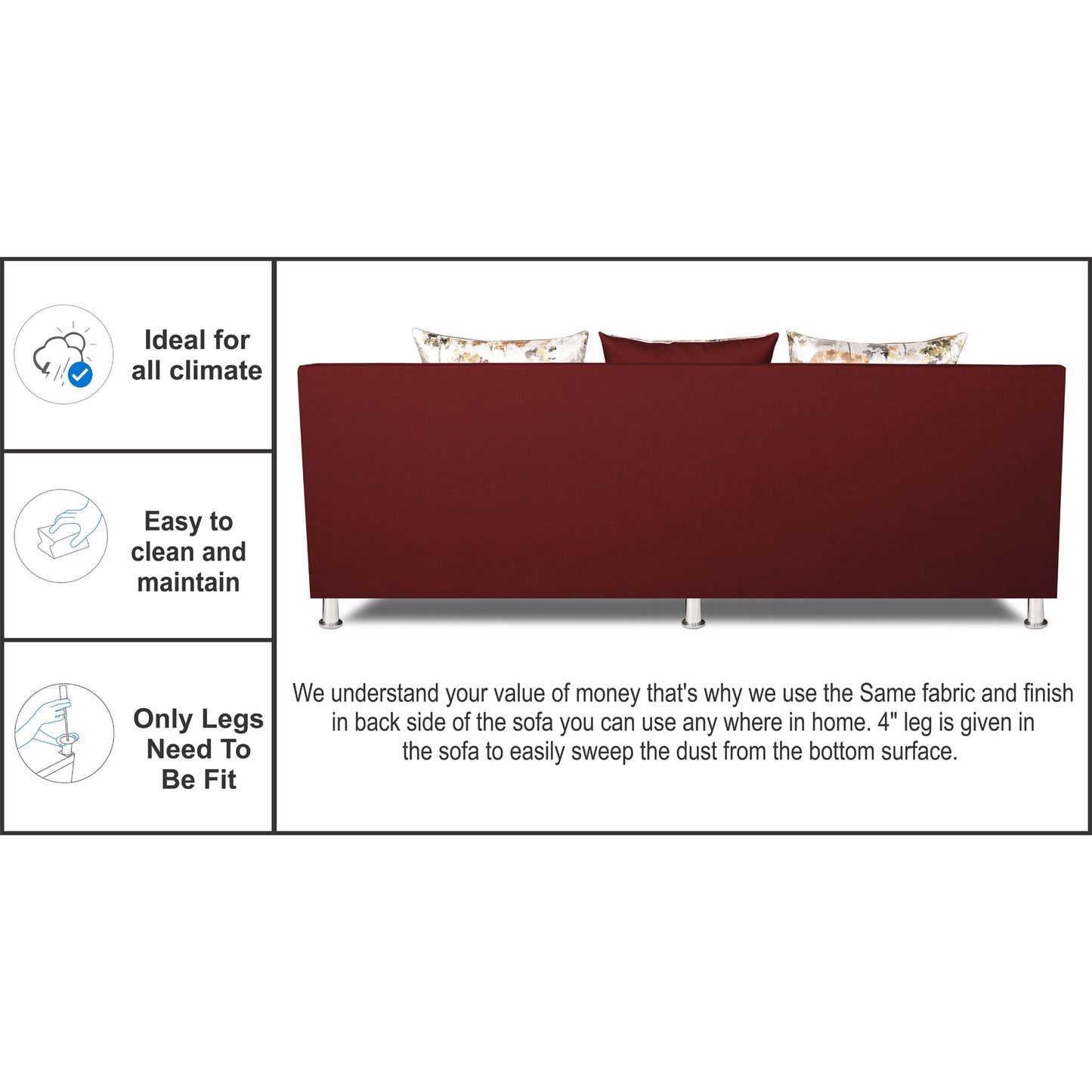 Adorn India Alica 3 Seater Sofa (Maroon), Wood, Foam