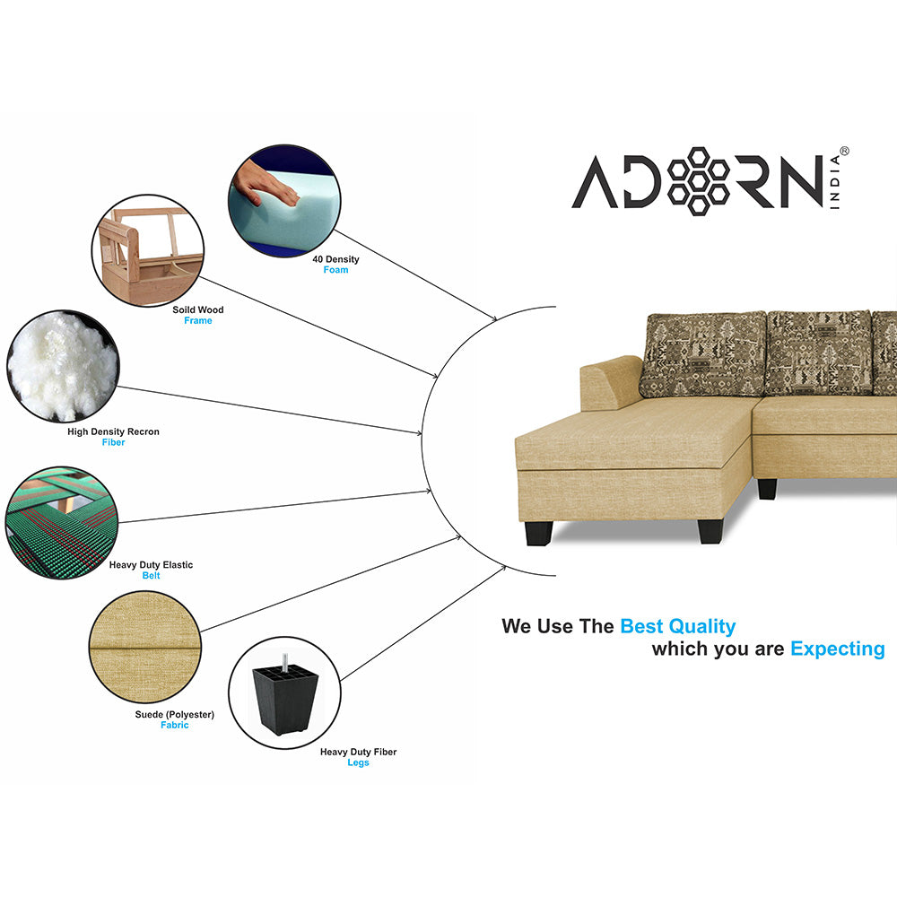 Adorn India Raiden Crafty L Shape 6 Seater Sofa Set with Center Table (Left Hand Side) (Beige) (3 Year Warranty)