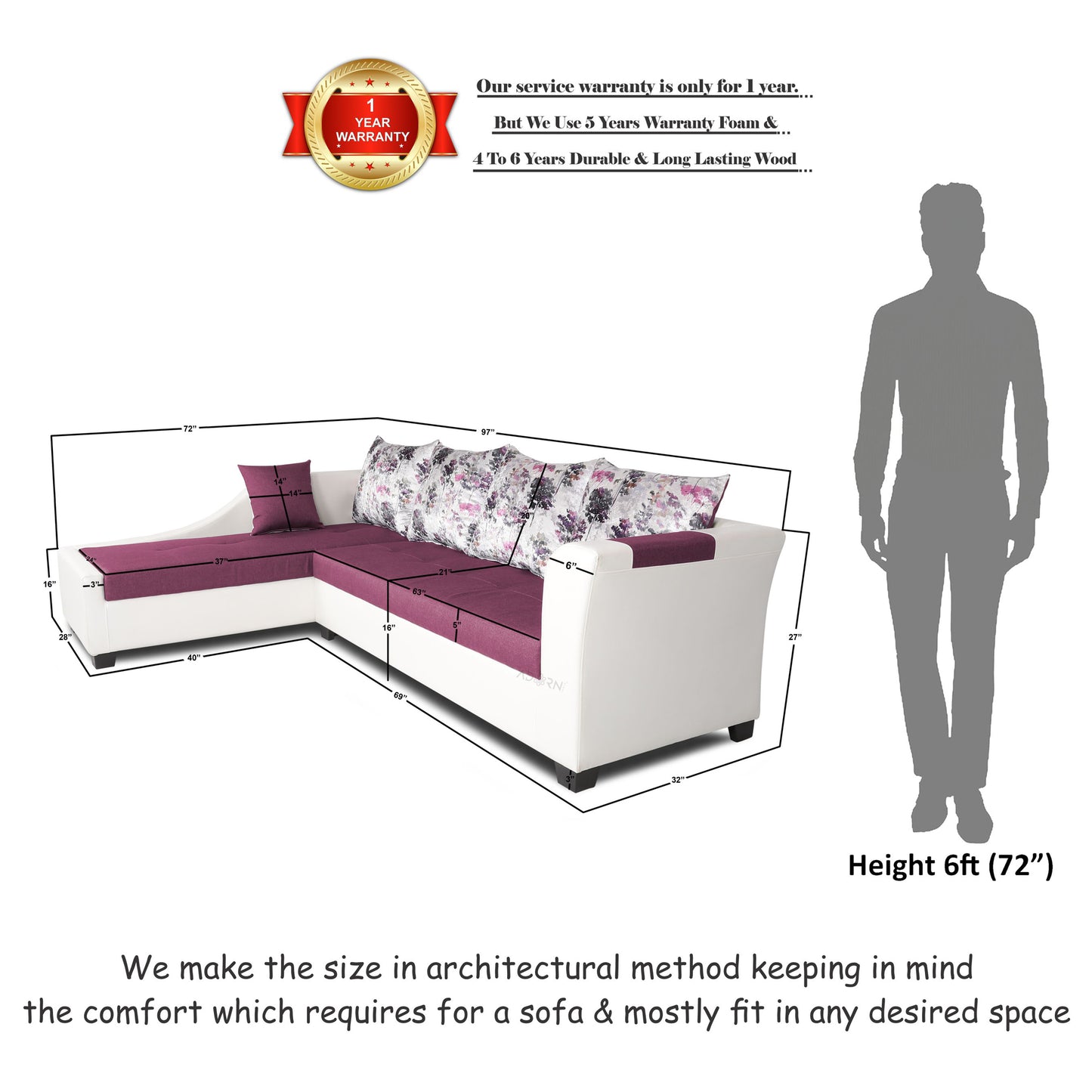 Adorn India Aliana L Shape Leatherette Fabric 6 Seater Sofa Set LHS (Light Purple & White)