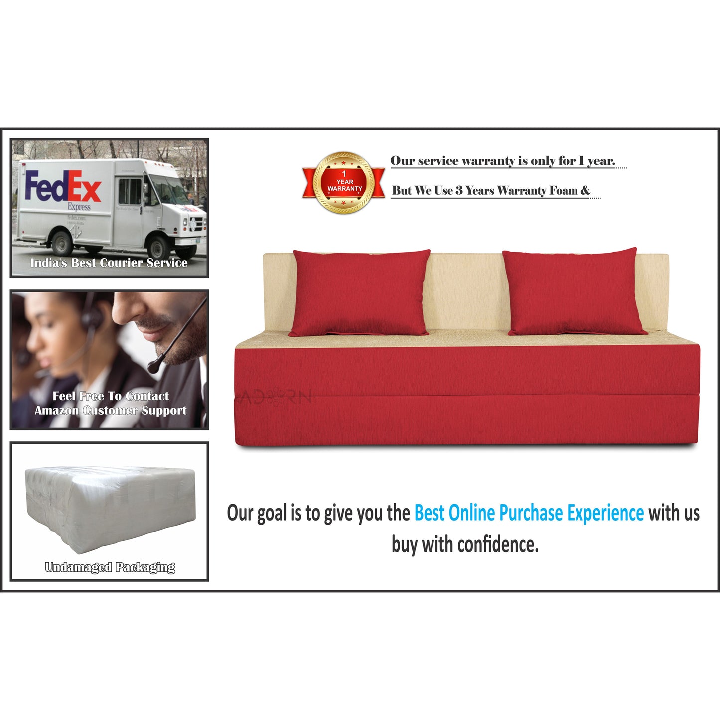 Adorn India Easy 3 Seater Sofa Cum Bed (Red) d and Beige (5x6) (1 Year Warranty)