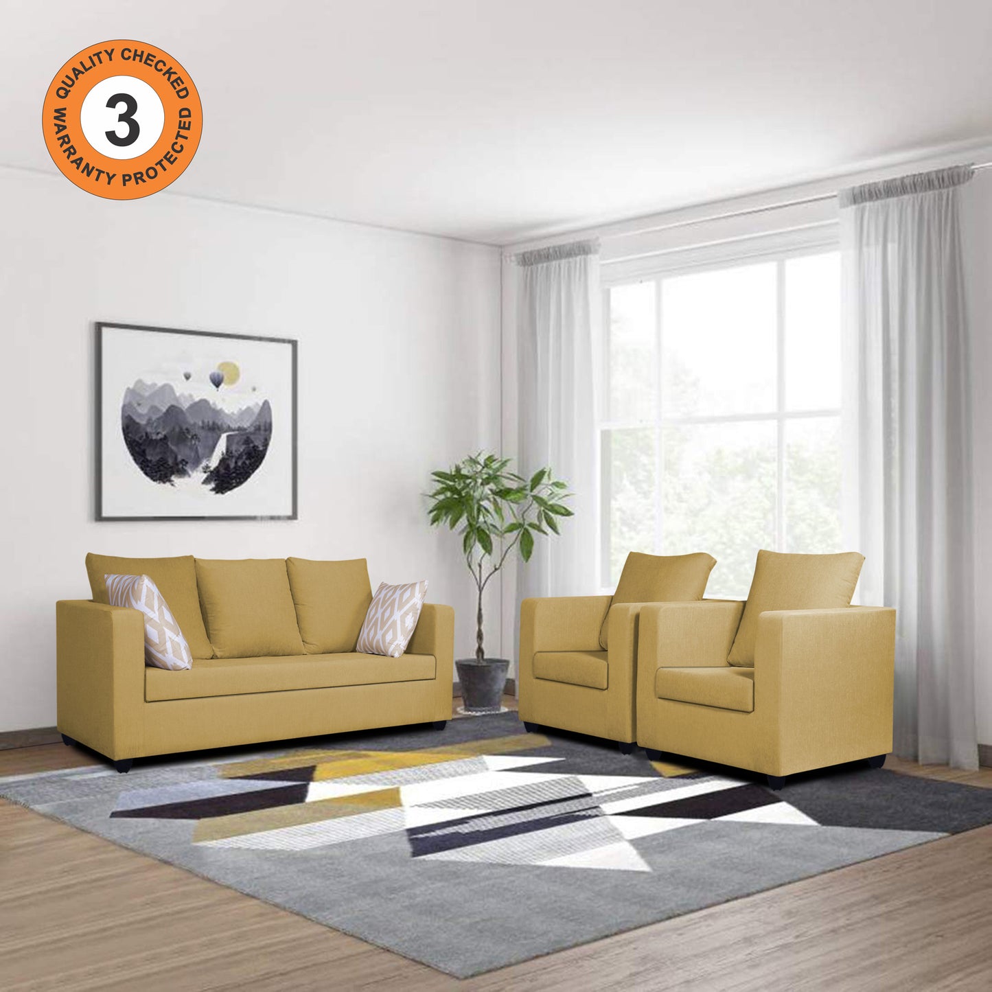 Adorn India Zink Straight Line 3-1-1 5 Seater Sofa Set (Beige)