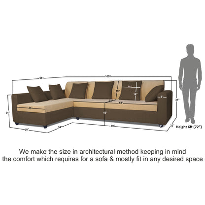 Adorn India Rio Decent L Shape 6 Seater Corner Sofa Set Left Side Handle (Brown and Beige) (3 Year Warranty)