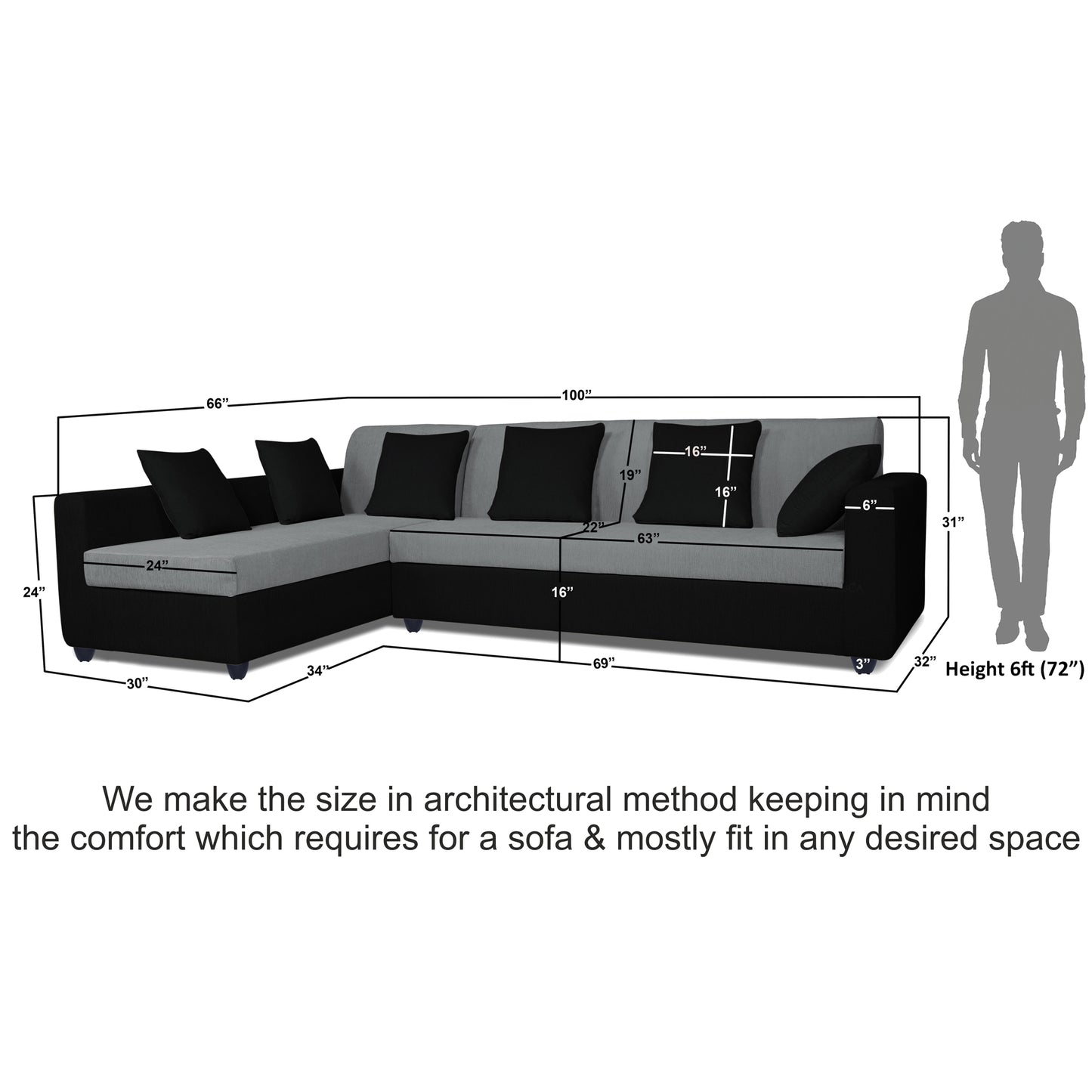Adorn India Rio Decent L Shape 6 Seater Left Side Handle Corner Sofa Set (Grey and Black) (3 Year Warranty)
