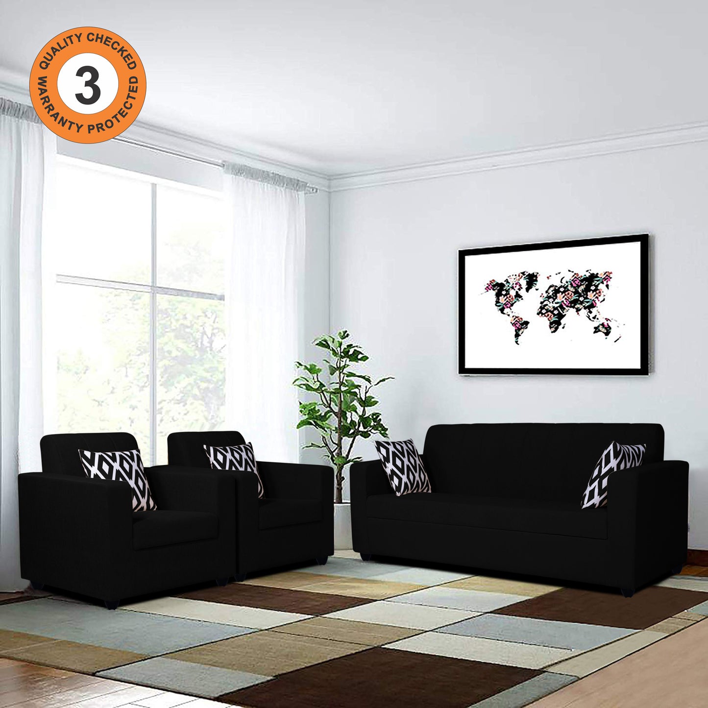 Adorn India Rio Highback 3+1+1 5 Seater Sofa Set (Black) (3 Year Warranty)