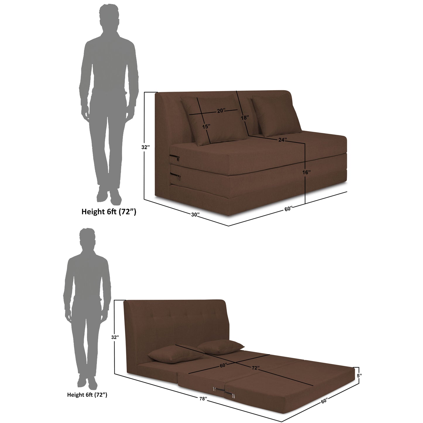 Adorn India Easy Highback Three Seater Sofa Cum Bed Decent 5' x 6' (Brown) (1 Year Warranty)