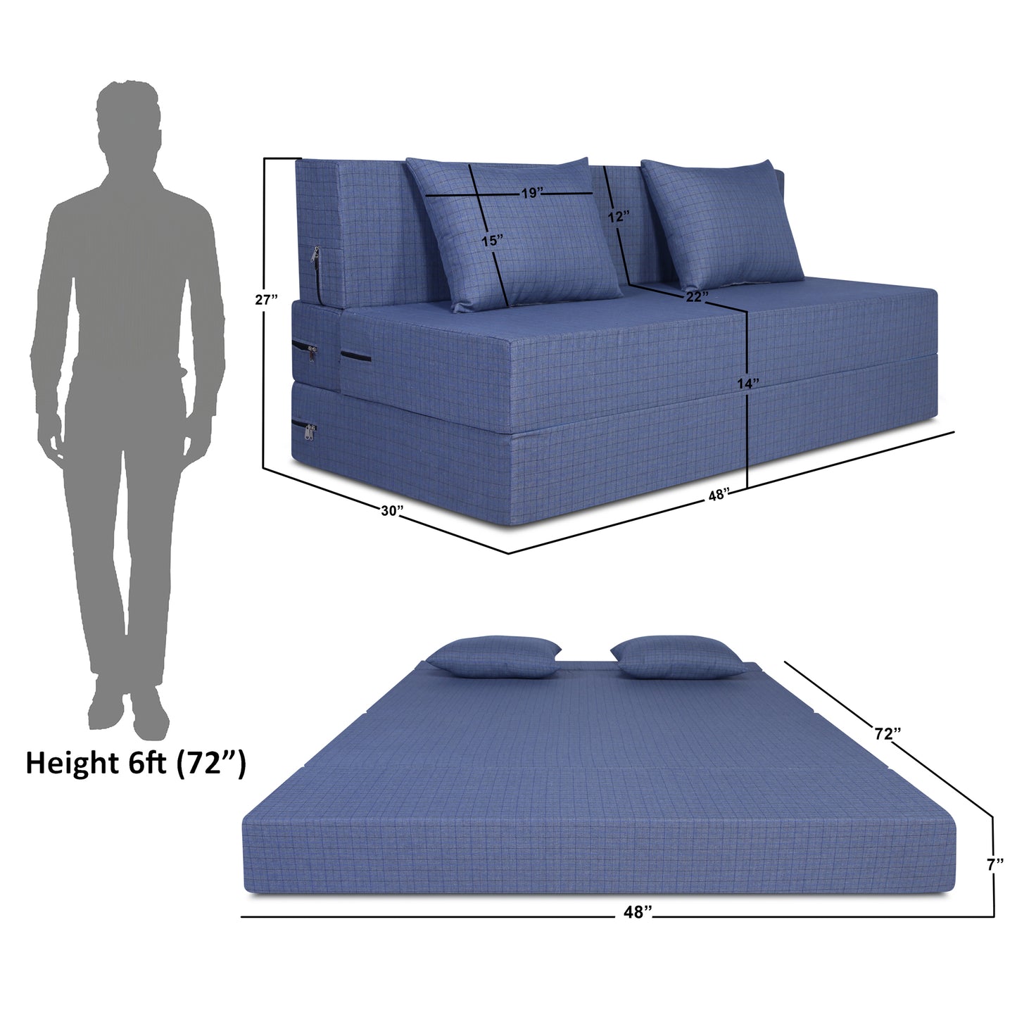Adorn India Easy Two Seater Sofa Cum Bed Checks Design 4' x 6' (Grey)