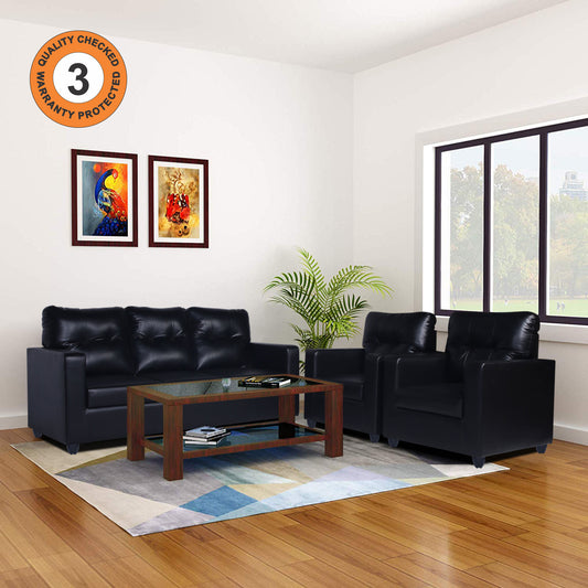 Adorn India Astor Leatherette 3+1+1 5 Seater Sofa Set (Black) (3 Year Warranty)