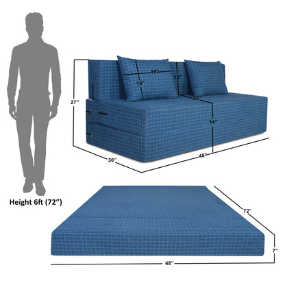 Adorn India Easy Two Seater Sofa Cum Bed Checks Design 4' x 6' (Blue)