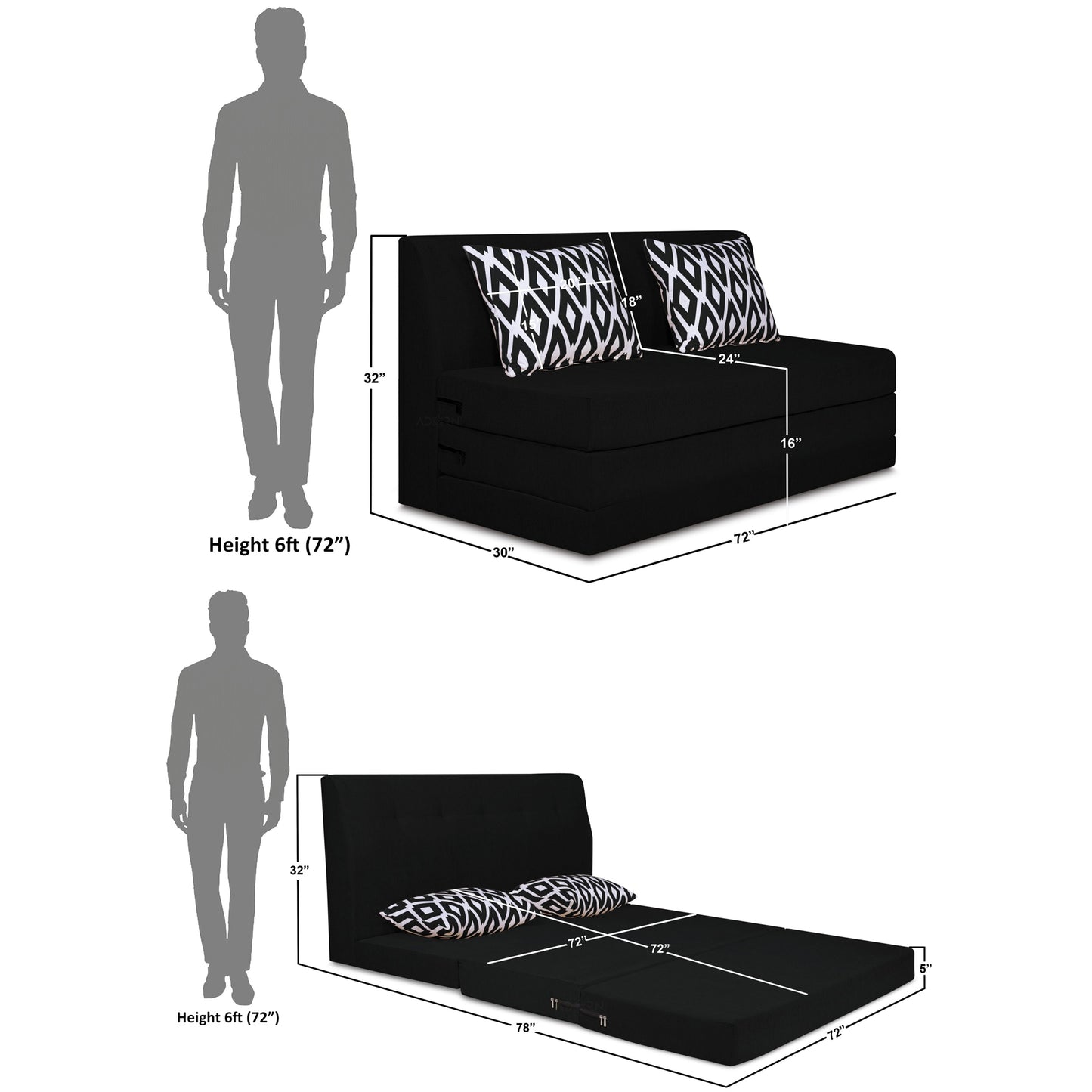 Adorn India Easy Highback Three Seater Sofa Cum Bed Rhombus 6' x 6' (Black) (1 Year Warranty)