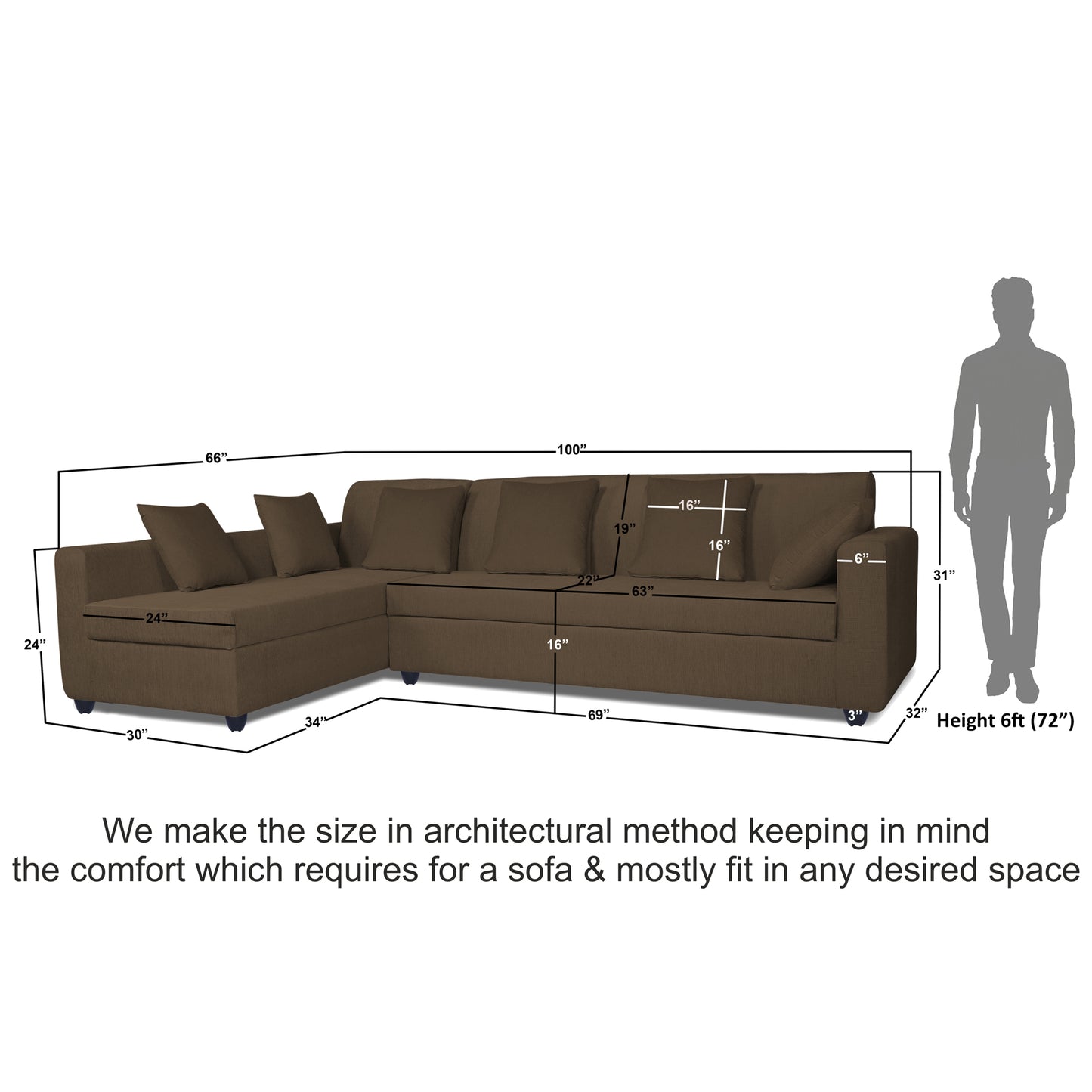 Adorn India Rio Decent L Shape 6 Seater Corner Sofa Set Left Side Handle (Brown) (3 Year Warranty)