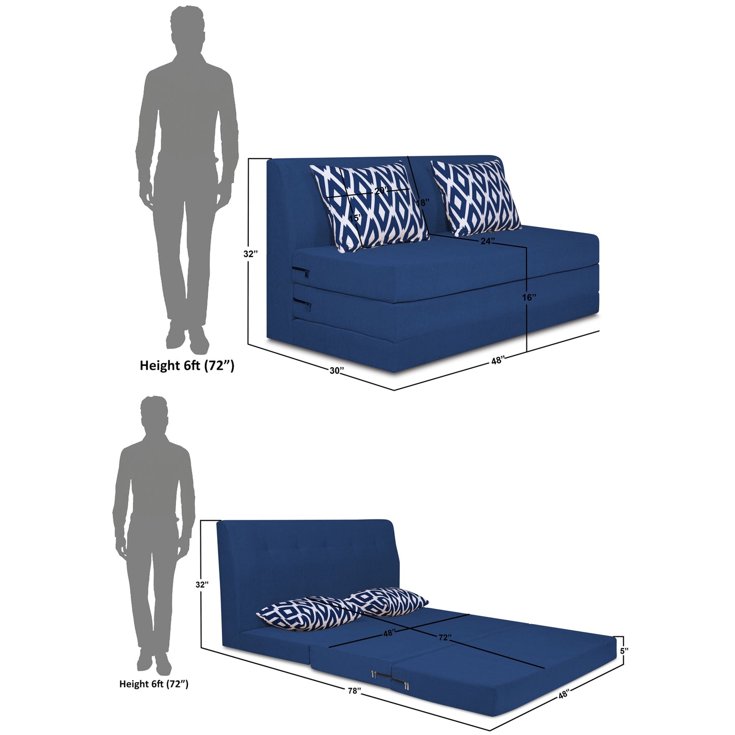 Adorn India Easy Highback Two Seater Sofa Cum Bed Rhombus 4' x 6' (Blue) (1 Year Warranty)